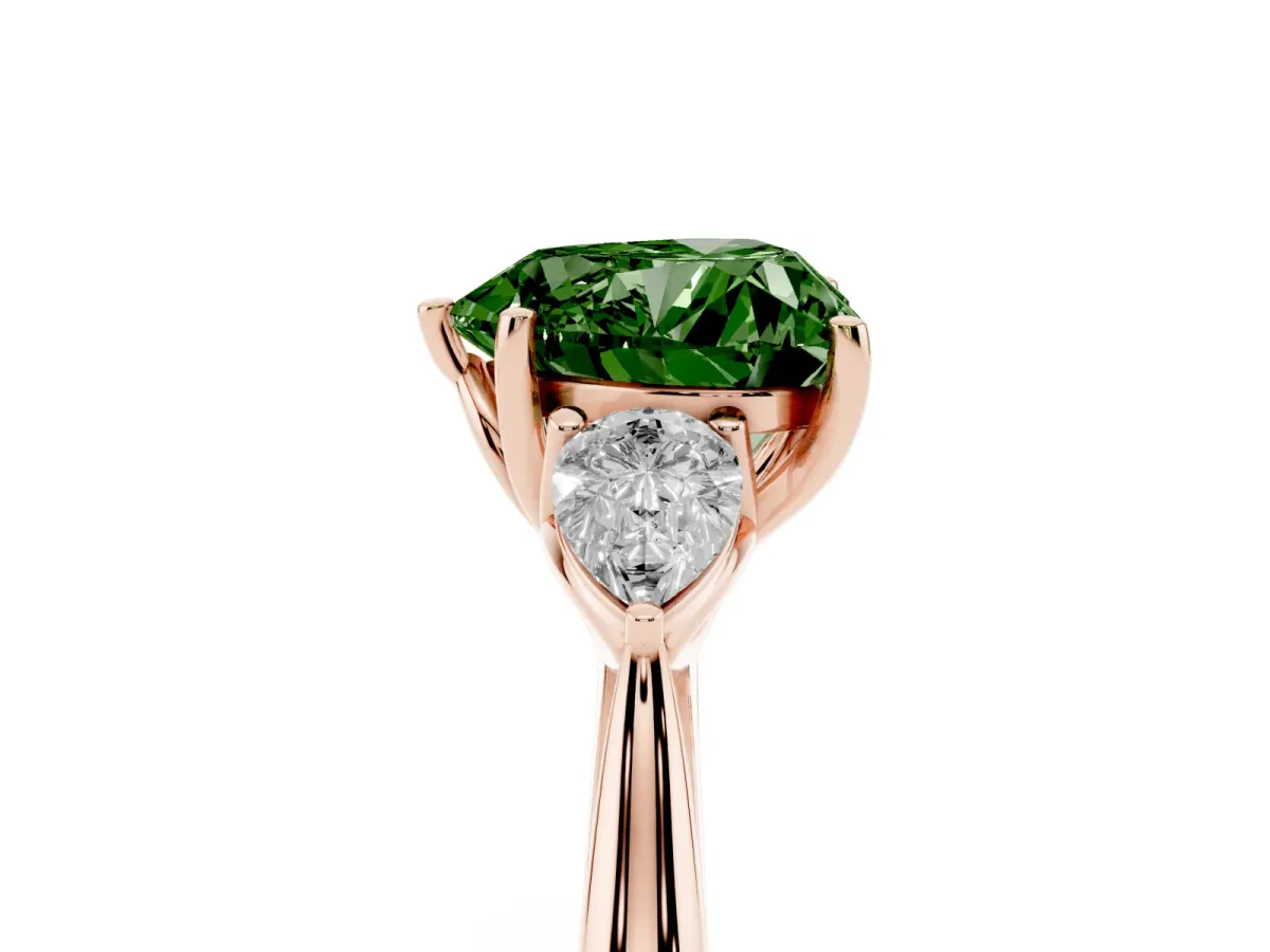Fancy Green Three-Stone Heart Cut Diamond Ring with Pear Side Stones in Four-Prong Setting Rose gold