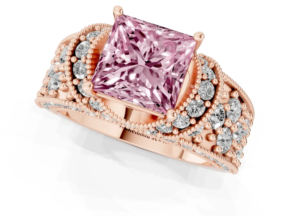 Fancy Pink Princess Cut Halo Pave Diamond Engagement Ring with Milgrain Detailing Rose gold