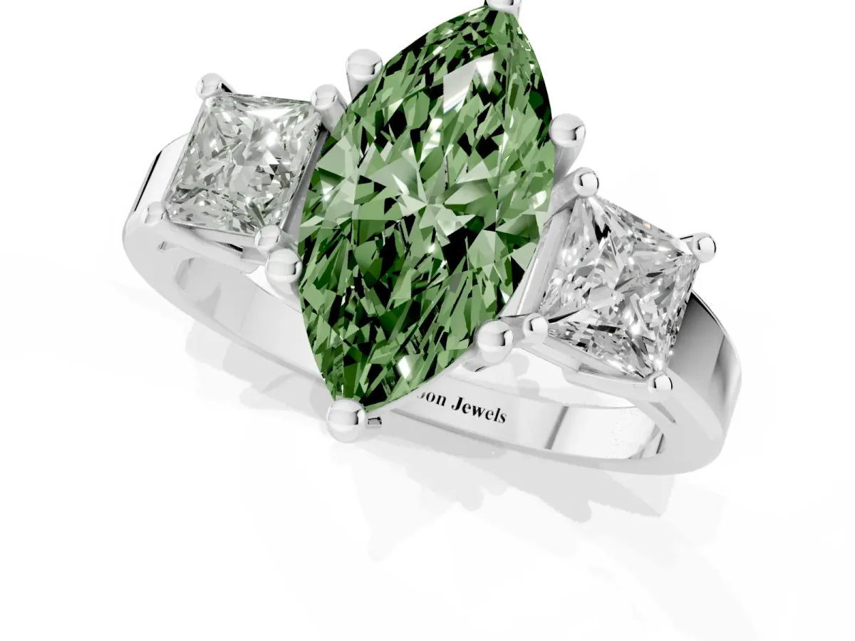 Fancy Green Three-Stone Marquise Cut Cut Solitaire Ring with Prong Setting Silver
