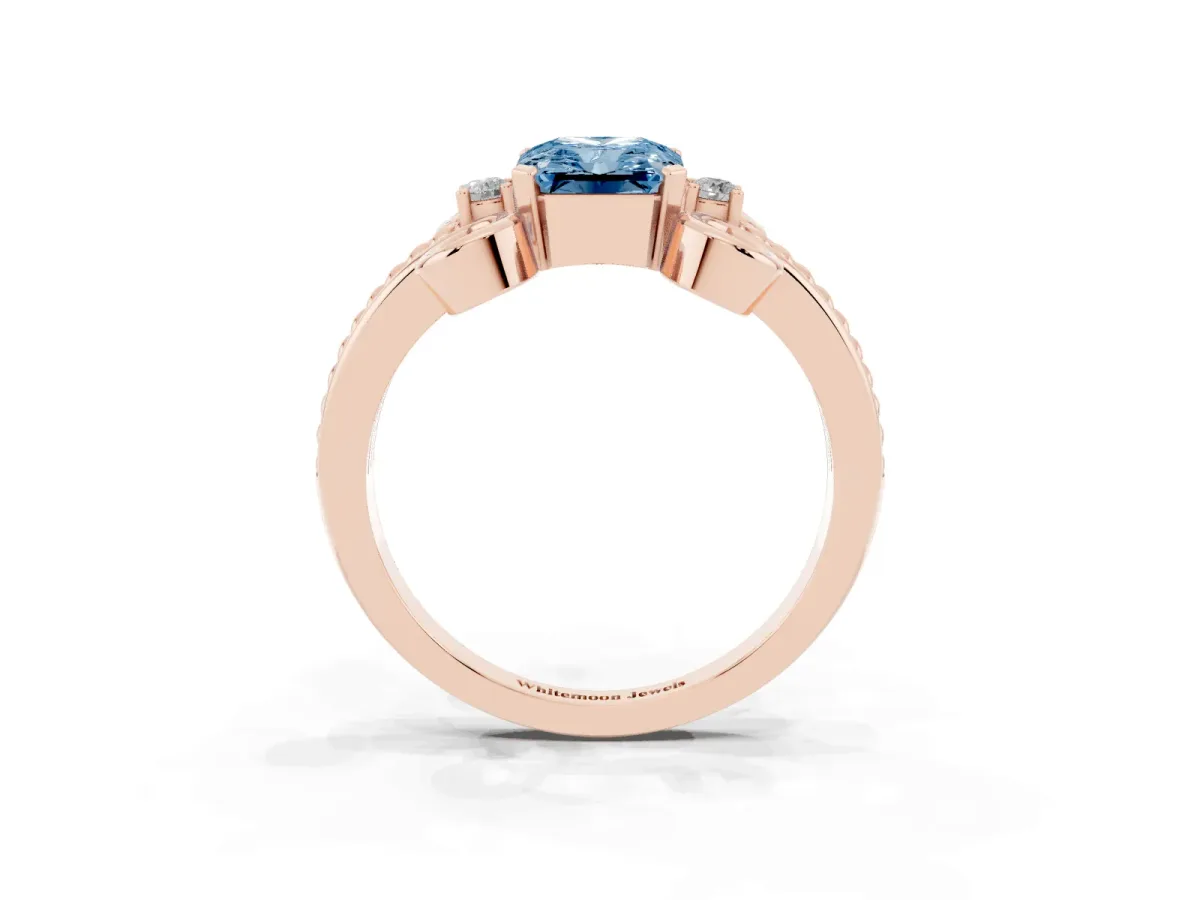 Fancy Blue Radiant Cut Solitaire Twisted Band Scroll Prong Ring Rose gold