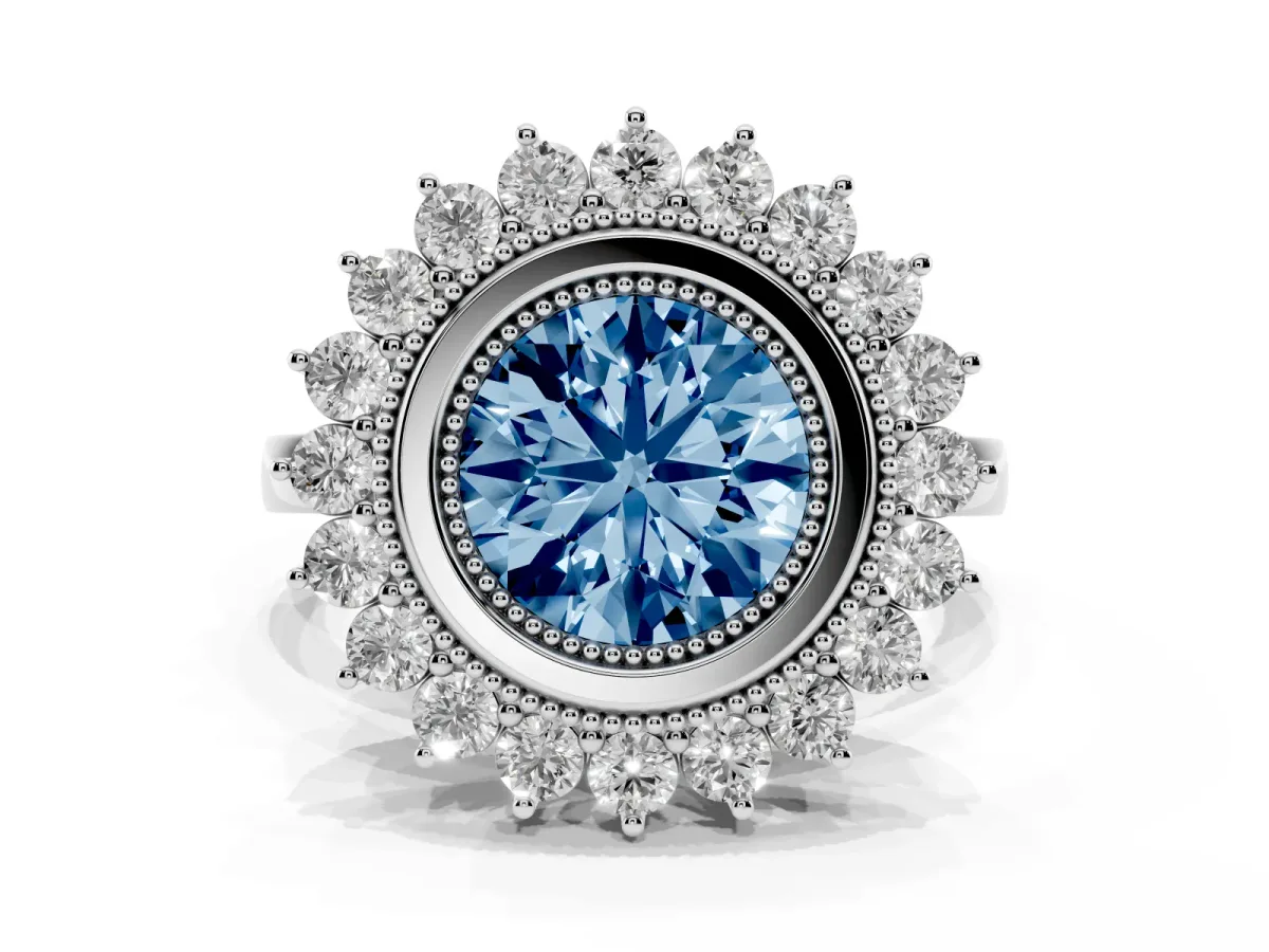 Fancy Blue Round Cut Halo Diamond Ring with Milgrain Edge and Round Prong Setting Silver