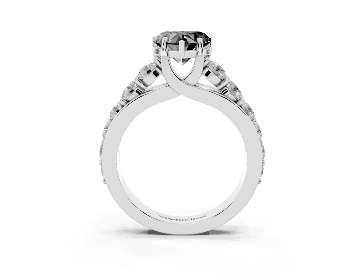 Fancy Black Heart Cut Diamond Engagement Ring with Pavé Band and Four-Prong Setting Platinum