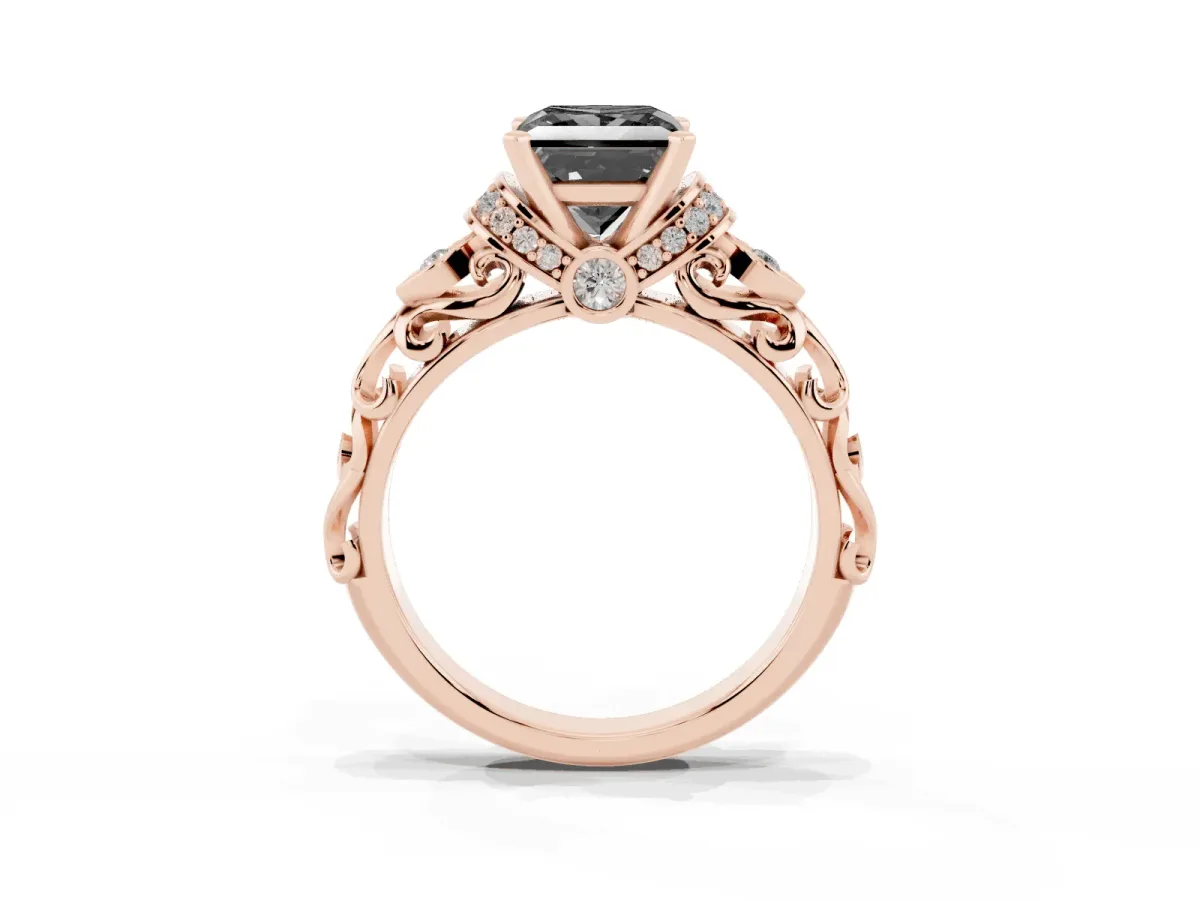 Fancy Black Princess Cut Diamond Solitaire Ring with Filigree Band and Four-Prong Setting Rose gold