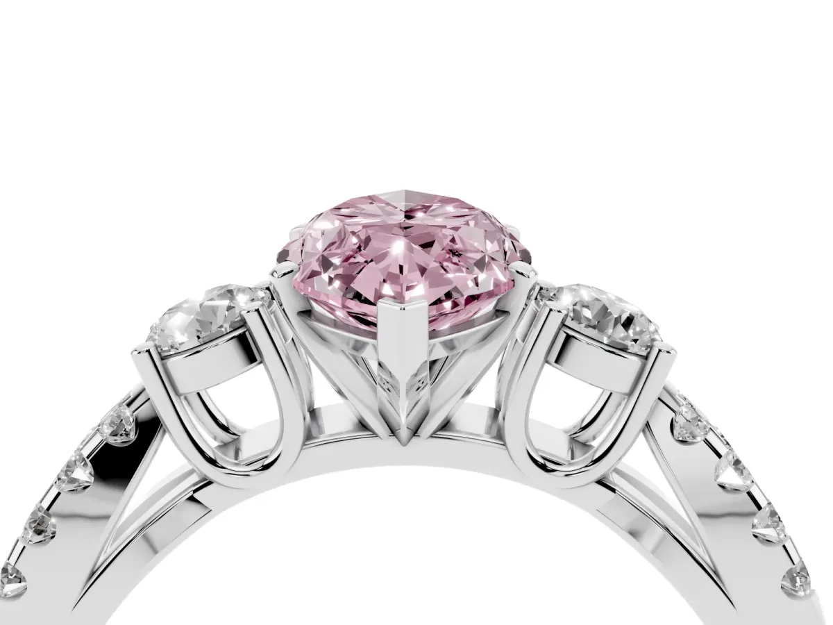 Fancy Pink Marquise Cut Diamond Three-Stone Ring with Pavé Split Shank and Four-Prong Setting Silver