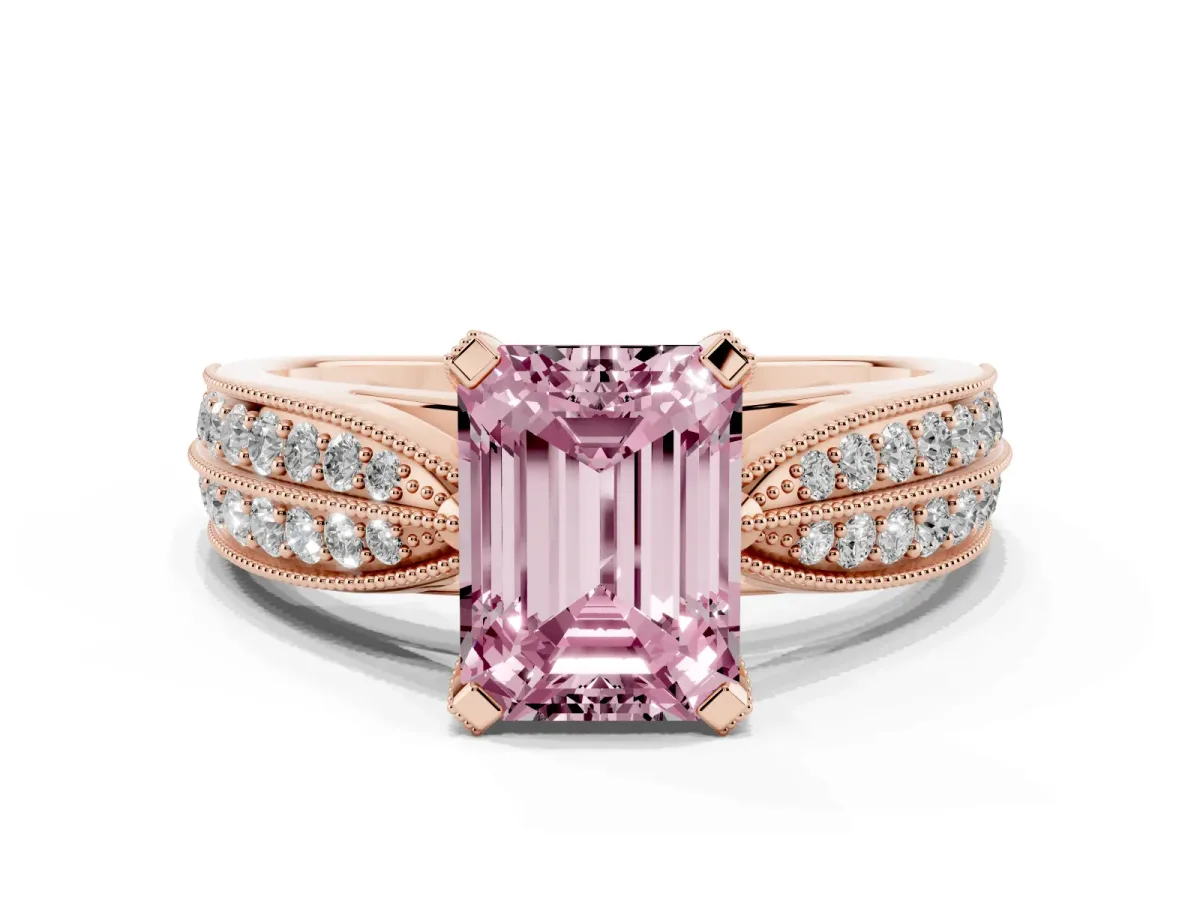 Fancy Pink Emerald Cut Diamond Solitaire Ring with Milgrain Round Pavé Band and Prong Setting Rose gold
