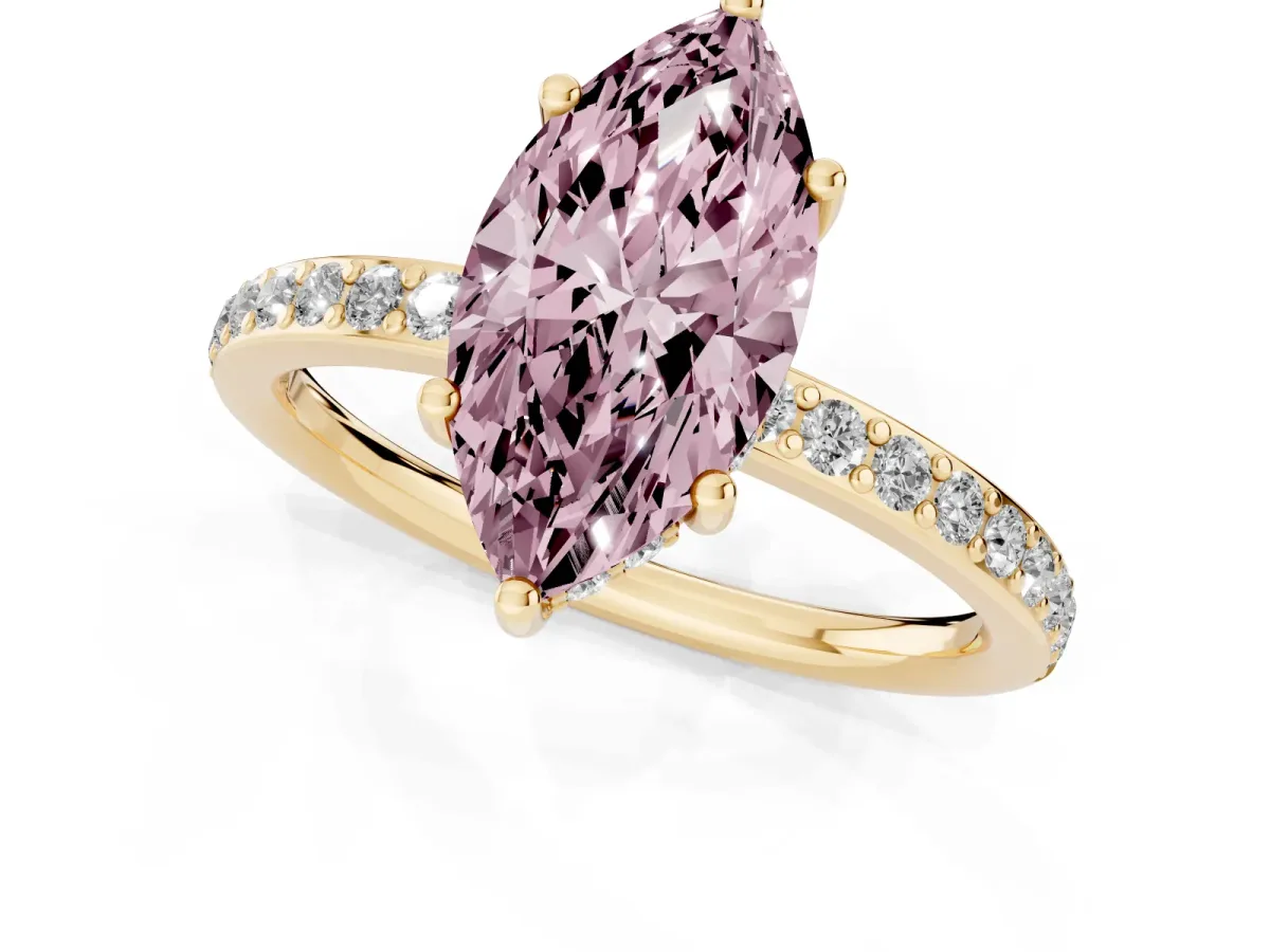 Fancy Pink Marquise Cut Cut Diamond Pavé Band Ring with Four-Prong Setting Yellow gold