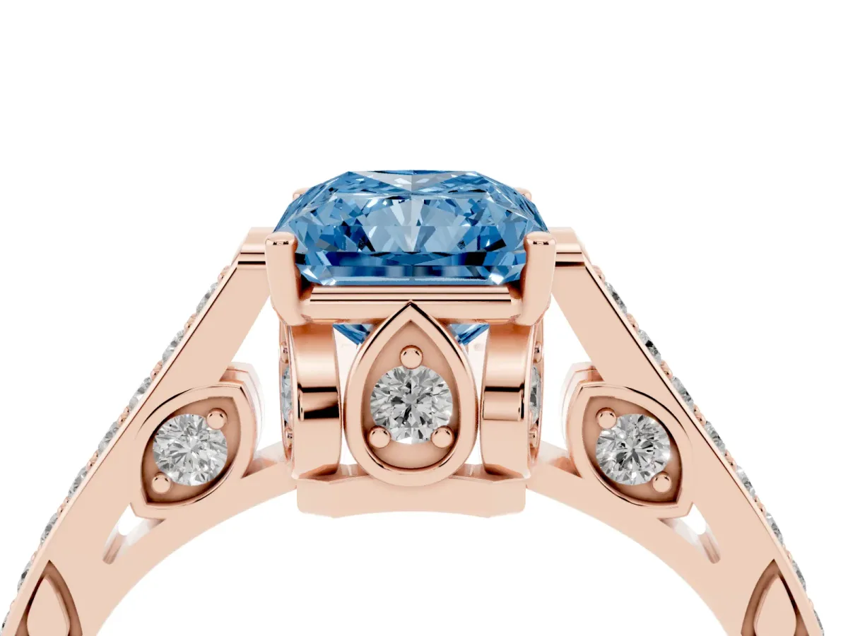 Fancy Blue Radiant Cut Cut Cathedral Pave Diamond Engagement Ring with Six-Prong Setting Rose gold