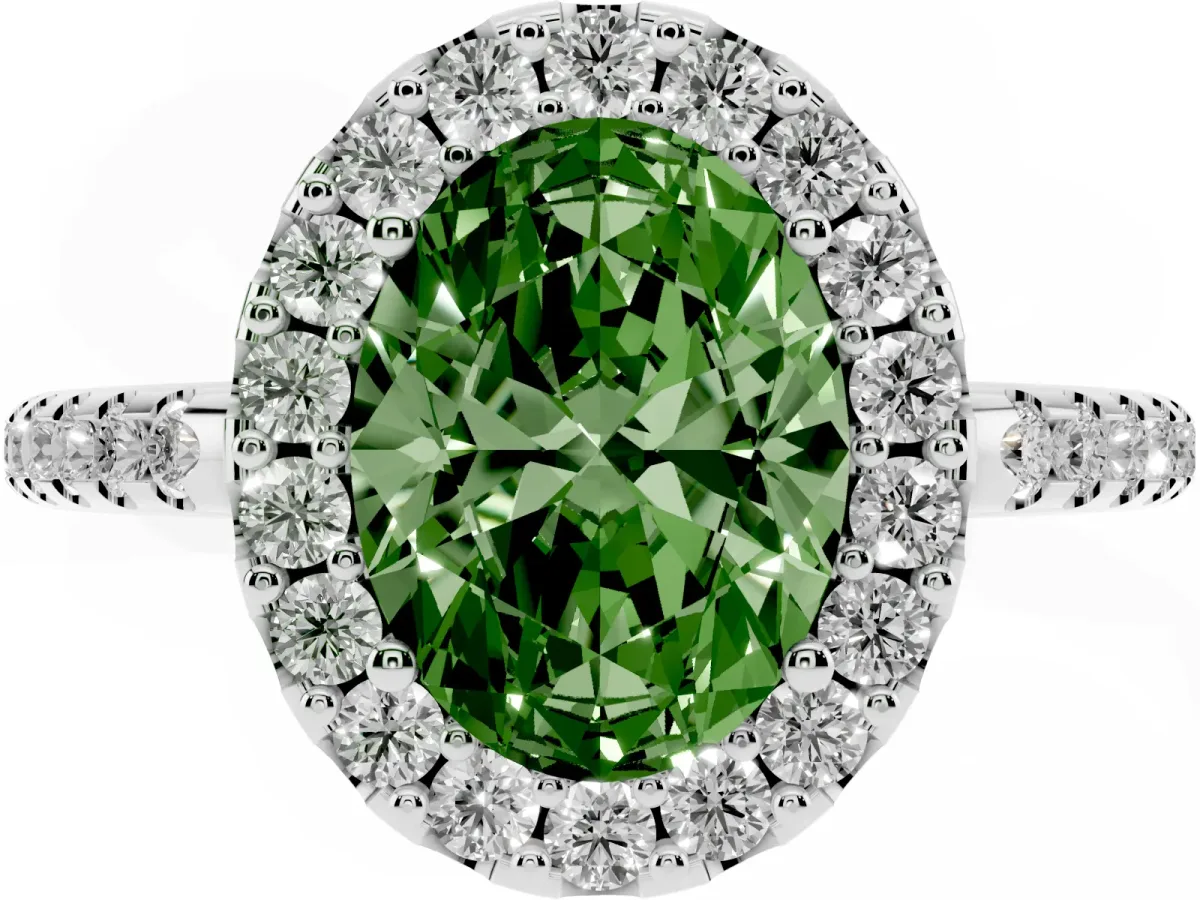 Fancy Green Oval Cut Diamond Pavé Halo Ring with Four-Prong Setting Platinum