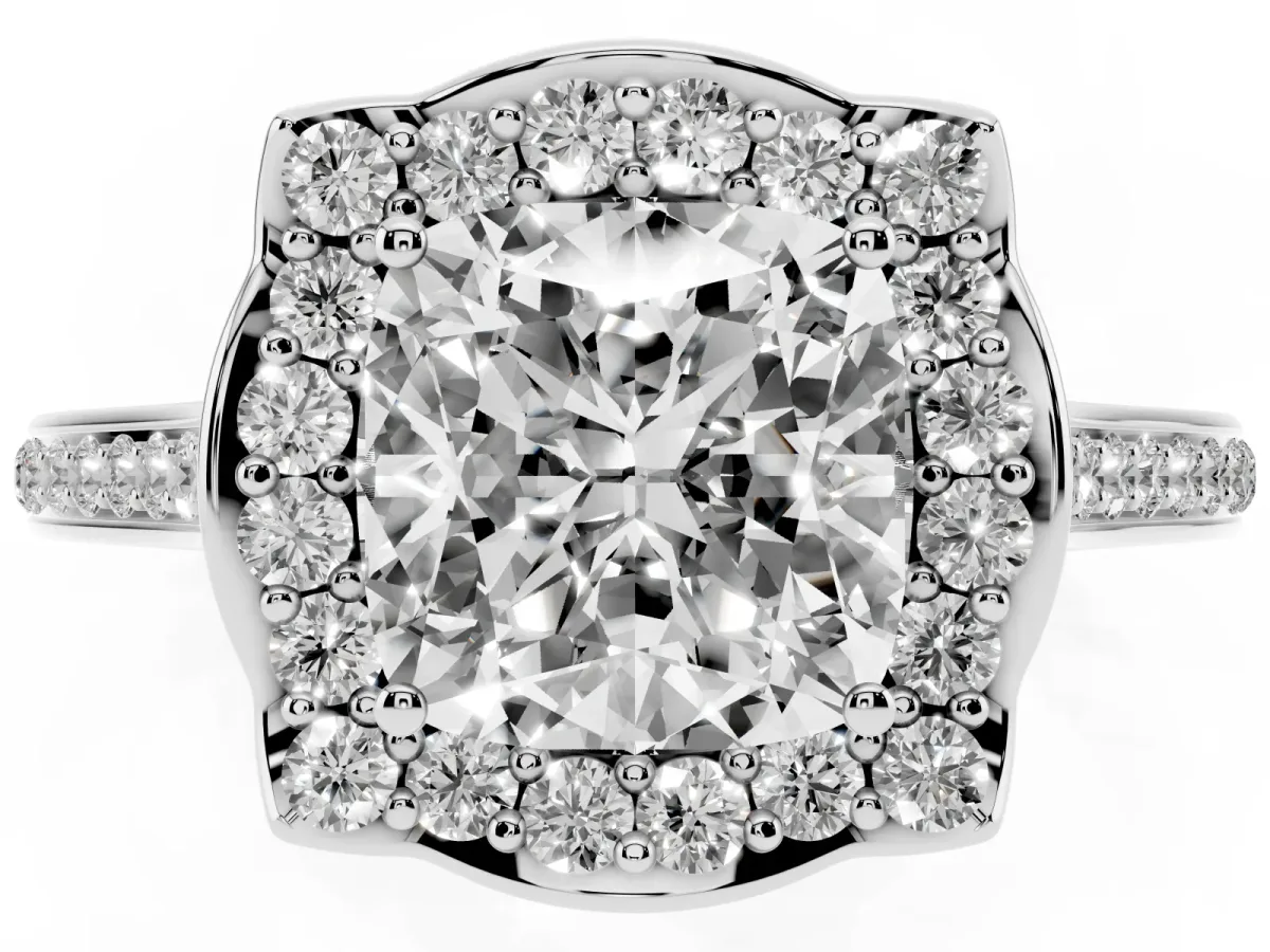 Cushion Cut Halo Round Diamond Pave Band with Four-Prong Setting Silver