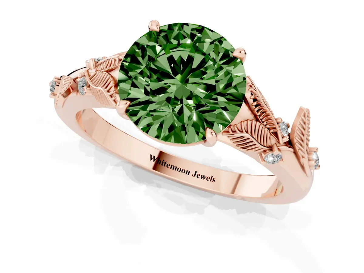 Fancy Green Round Cut Diamond Solitaire Ring with Leaf Motif Band and Four-Prong Setting Rose gold