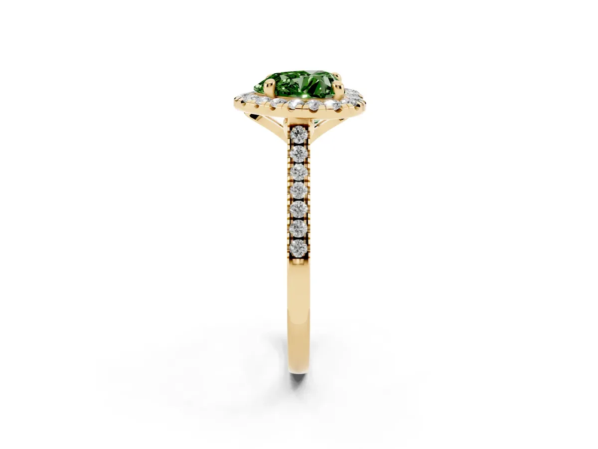 Fancy Green Heart Cut Diamond Cushion Halo Ring with Pavé Band Yellow gold
