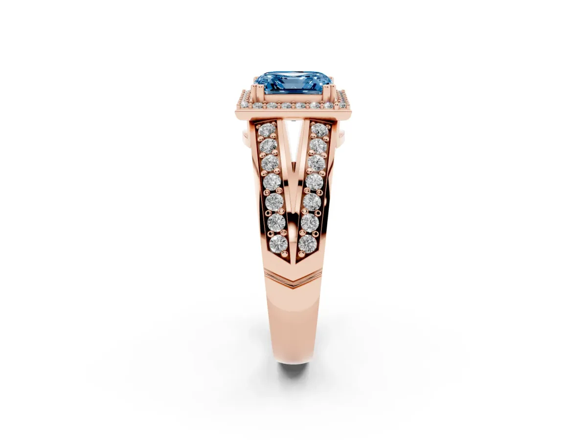 Fancy Blue Asscher Cut Diamond Halo Ring with Split Shank Pavé Band and Four-Prong Setting Rose gold