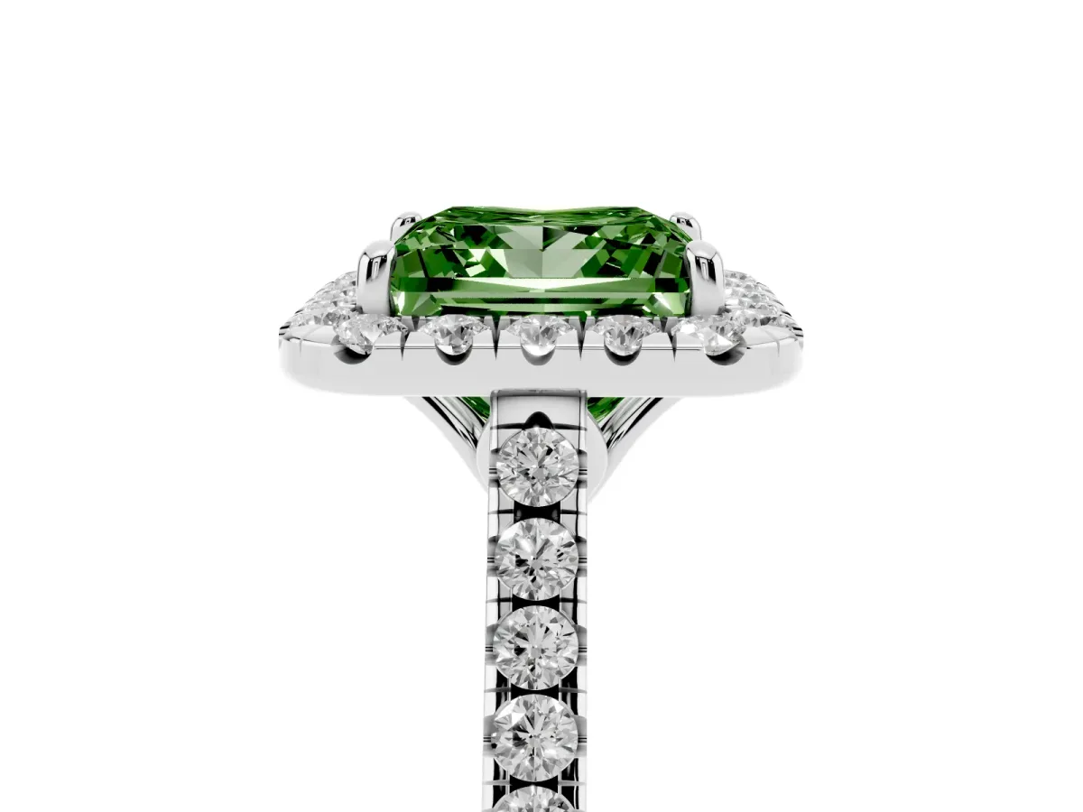Fancy Green Princess Cut Halo Pavé Diamond Engagement Ring with Four-Prong Setting Silver