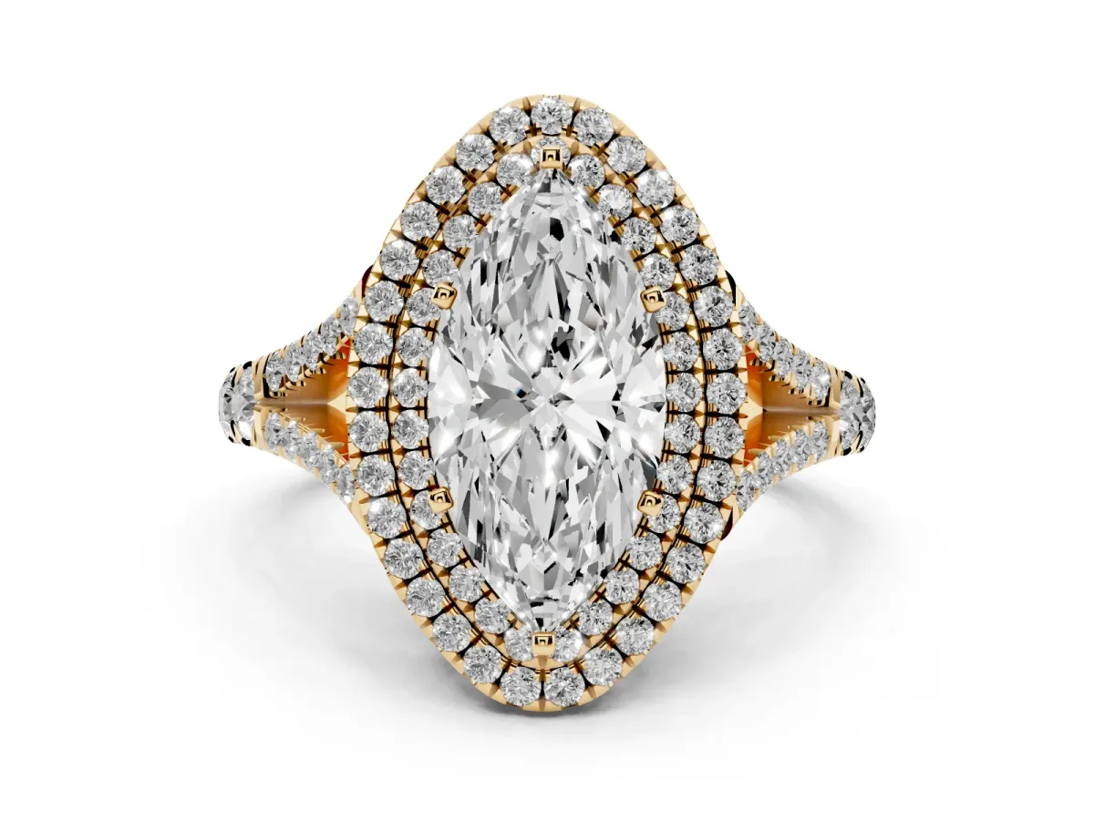 Marquise Cut Diamond Pavé Split Shank Double Halo Engagement Ring Yellow gold