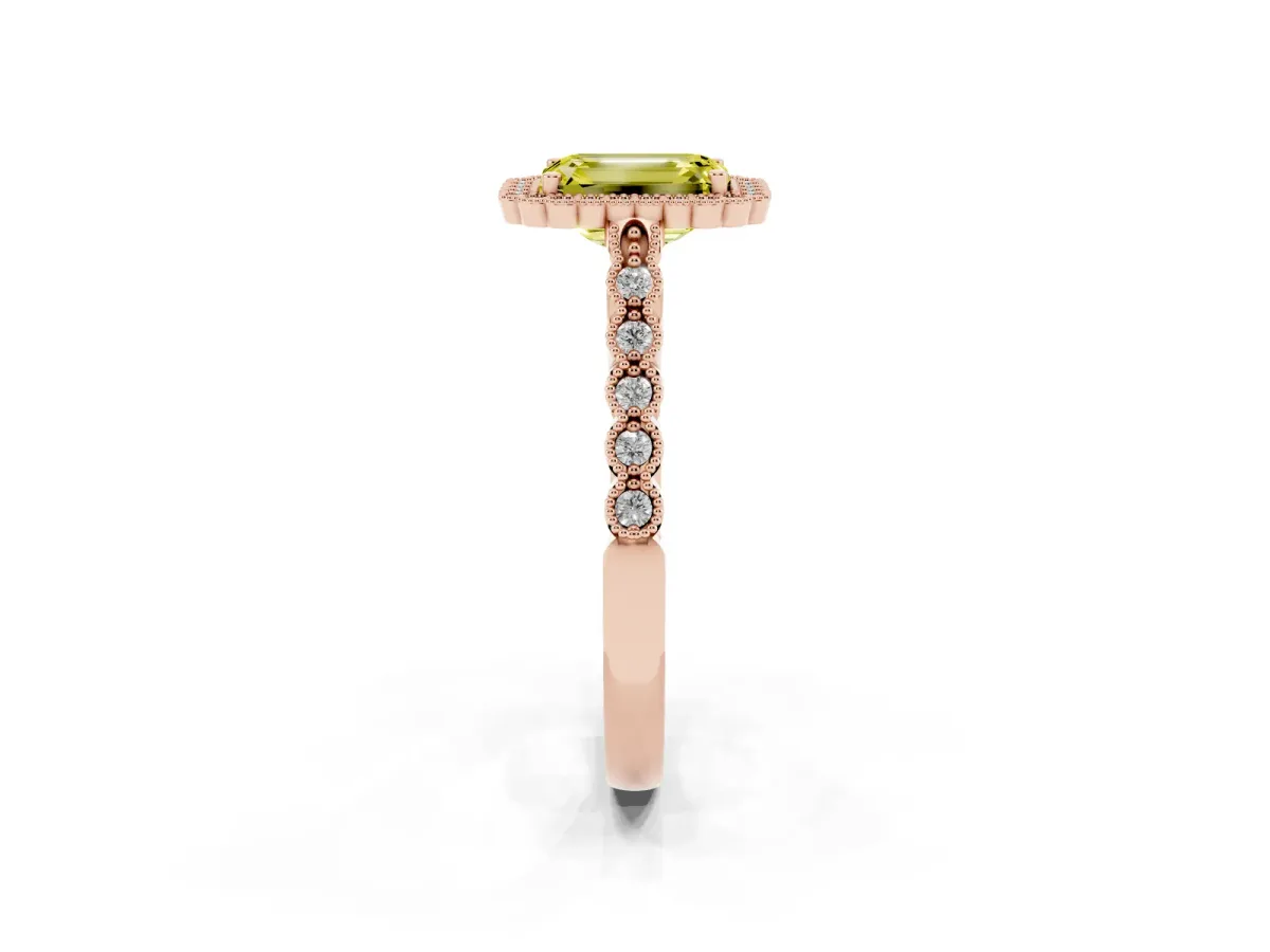 Fancy Yellow Emerald Cut Cut Halo Pavé Solitaire Ring with Milgrain Band Rose gold