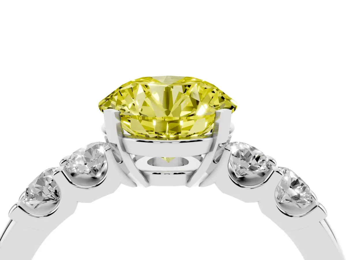 Fancy Yellow Round Cut Brilliant Cut Diamond Five-Stone Prong Set Engagement Ring with Channel Band Silver