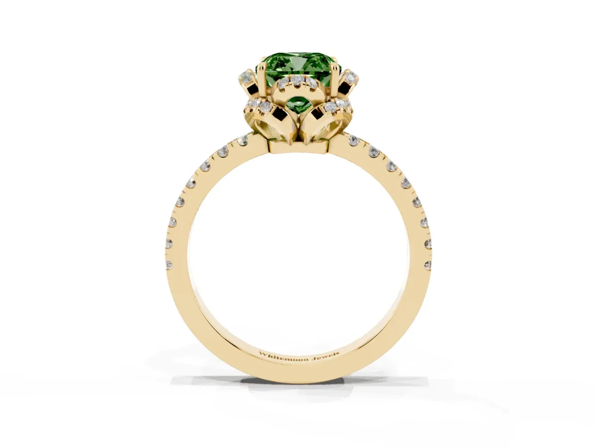 Fancy Green Cushion Cut Diamond Halo Pave Band with Four-Prong Setting Yellow gold