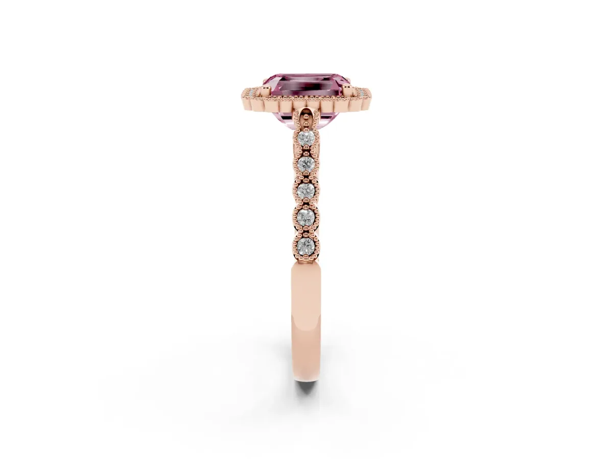 Fancy Pink Radiant Cut Cut Halo Pavé Solitaire Ring with Milgrain Band Rose gold
