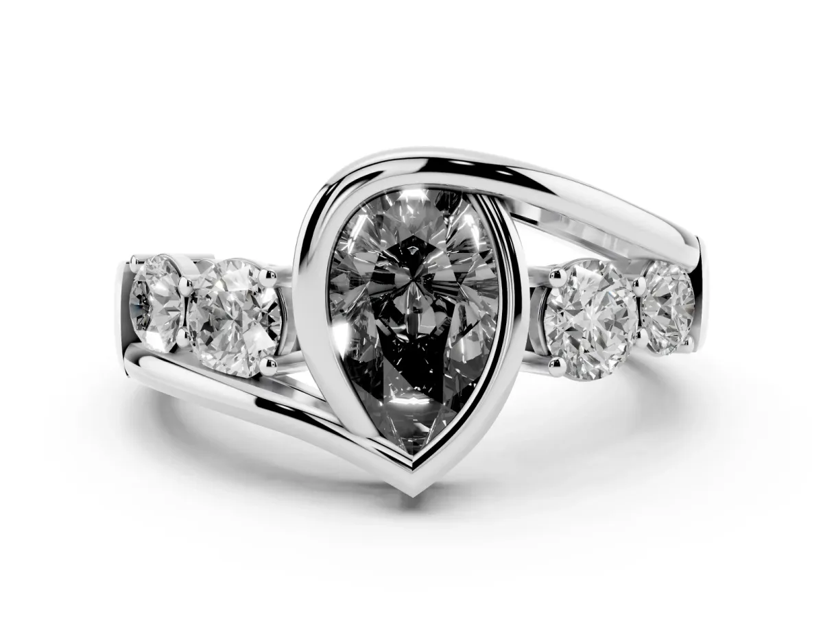 Fancy Black Bezel Set Pear Cut Diamond Bypass Ring with Round Accents Silver