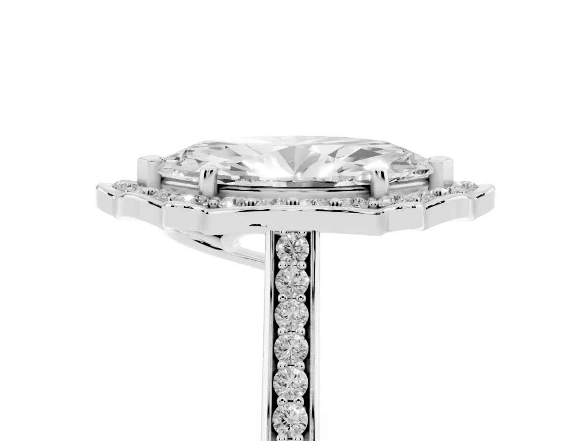 Marquise Cut Halo Round Diamond Pave Band with Four-Prong Setting Silver