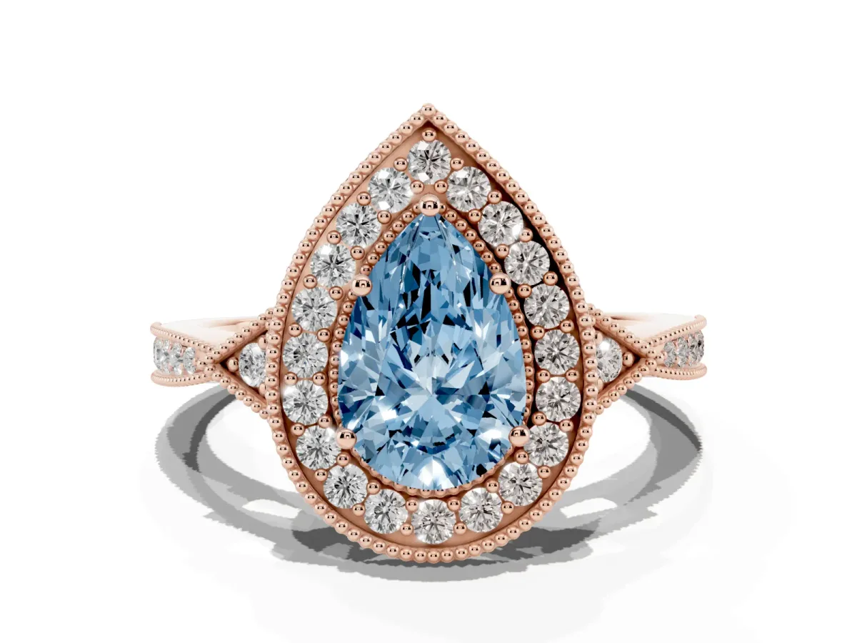Fancy Blue Pear Cut Halo Round Diamond Milgrain Pave Engagement Ring Rose gold