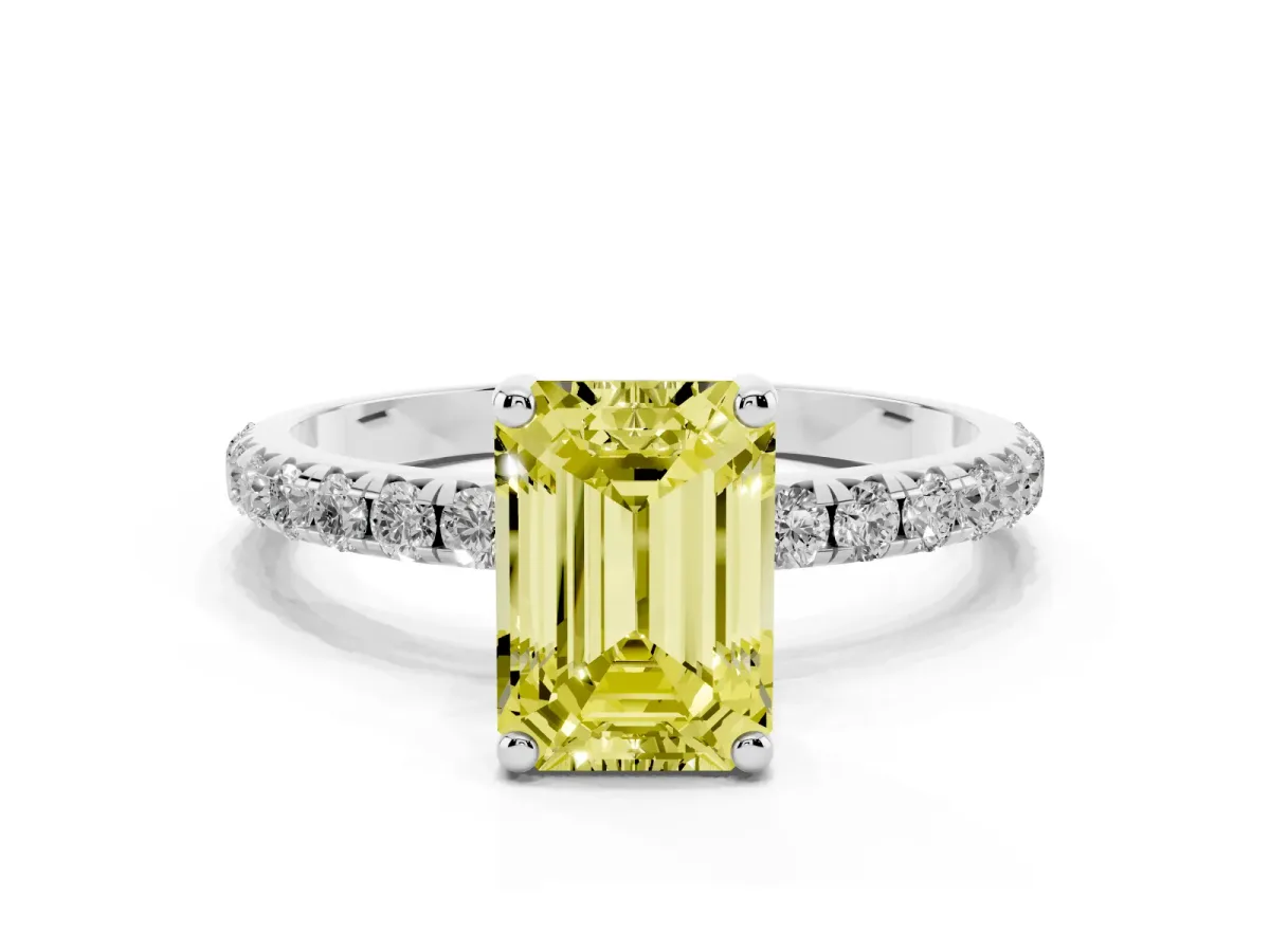 Fancy Yellow Emerald Cut Cut Diamond Solitaire Ring with Micro Pave Band and Four Prong Setting Silver