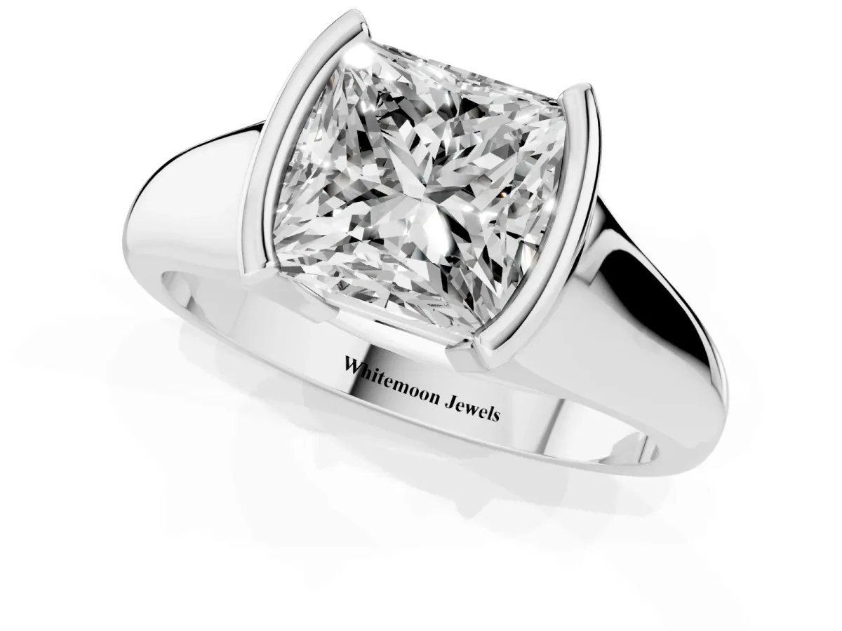 Princess Cut Solitaire Tension Set Diamond Ring with Split Shank Band Silver