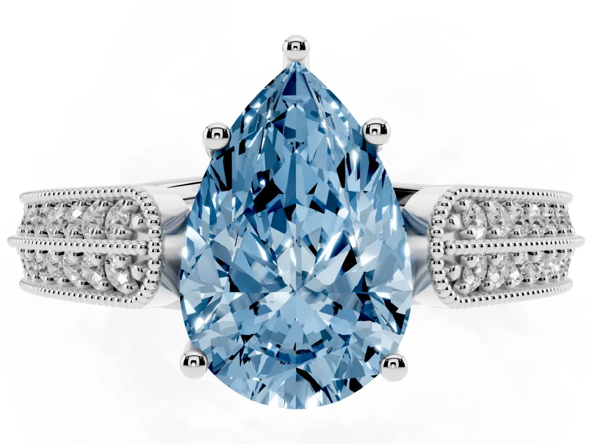 Fancy Blue Pear Cut Cut Pave Split Shank Engagement Ring with Four-Prong Setting White gold
