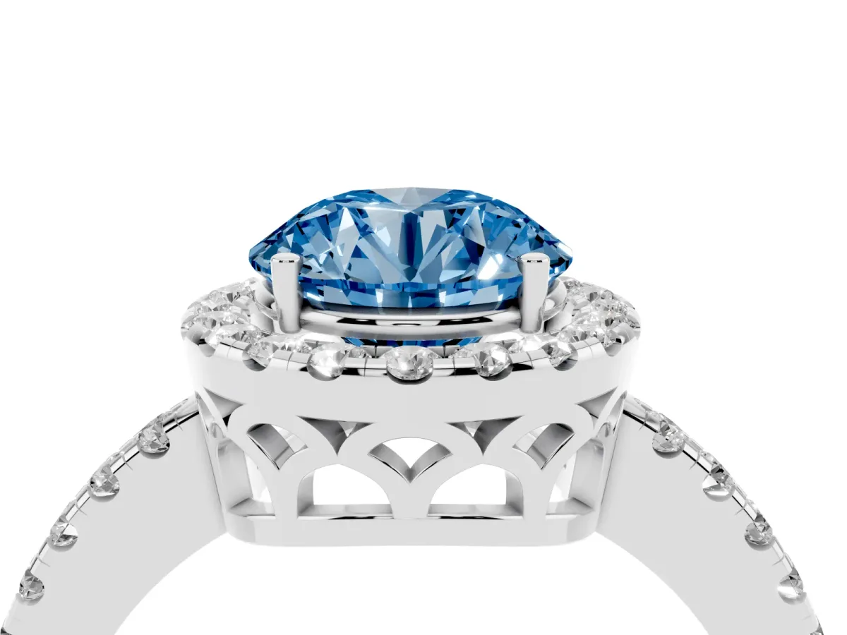 Fancy Blue Round Cut Halo Diamond Engagement Ring with Pavé Band and Four-Prong Setting Platinum