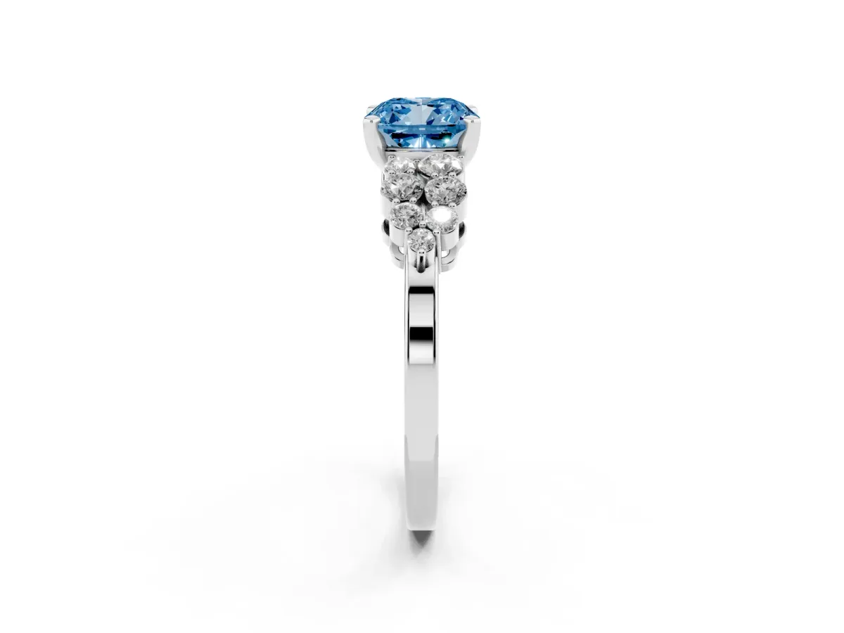 Fancy Blue Cushion Cut Cluster Diamond Engagement Ring with Pavé Band and Four-Prong Setting White gold