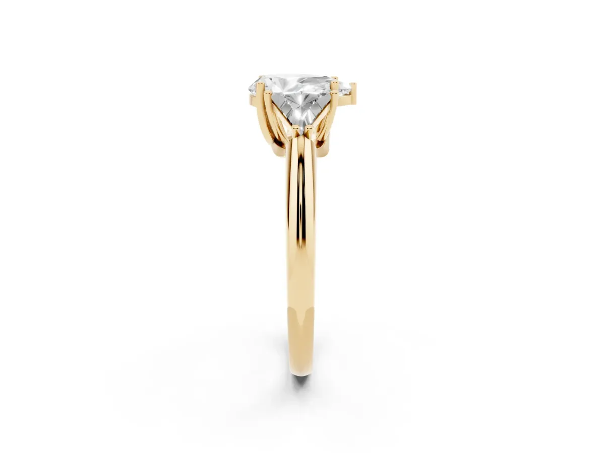 Three-Stone Pear Cut Diamond Engagement Ring with Trillion Side Stones and Prong Setting Yellow gold