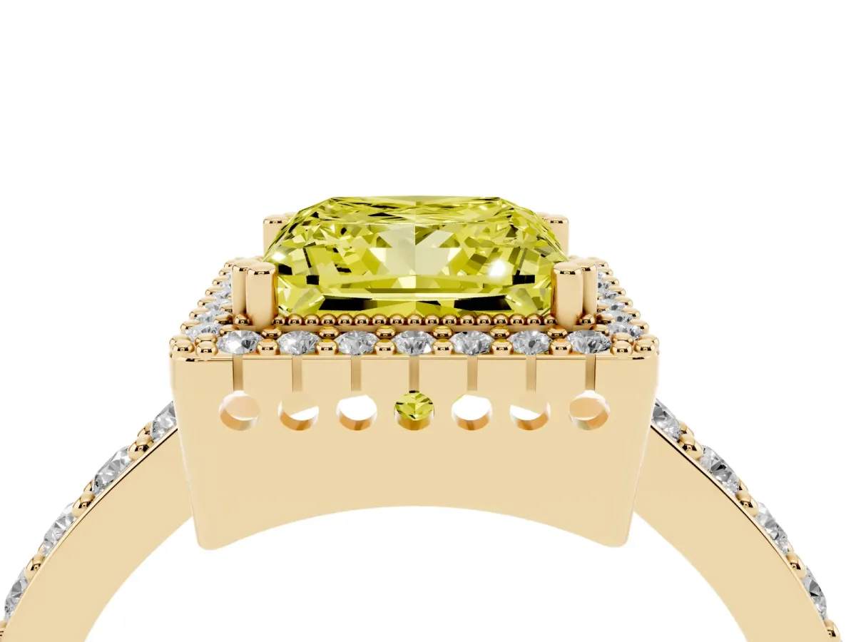 Fancy Yellow Princess Cut Cut Diamond Halo Engagement Ring with Milgrain Detail and Pavé Band Yellow gold