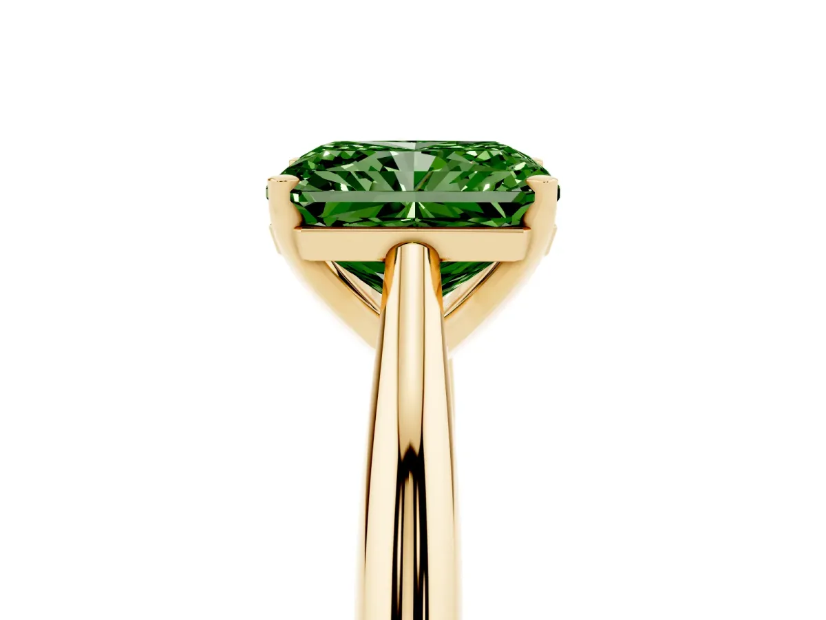 Fancy Green Radiant Cut Diamond Solitaire Engagement Ring with Cathedral Setting and Four-Prong Mount Yellow gold