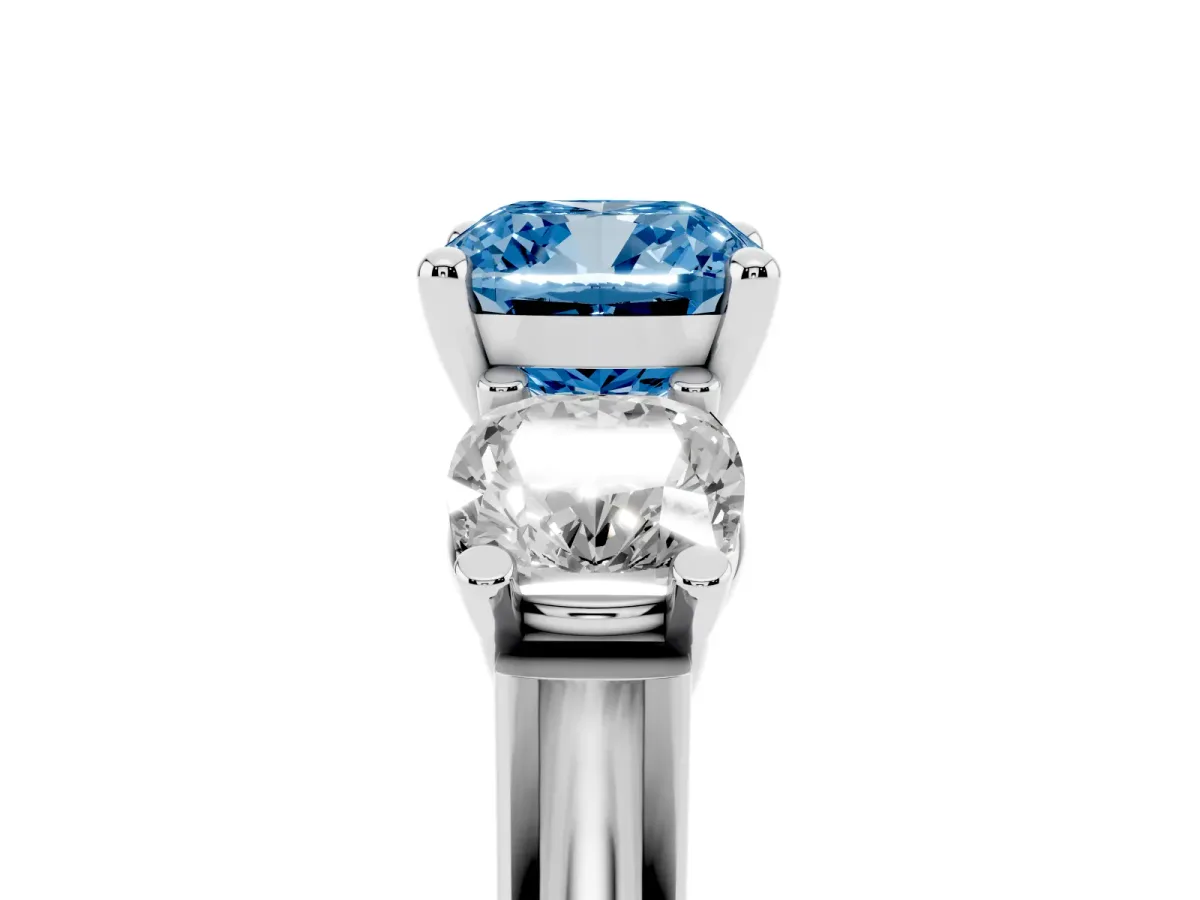 Fancy Blue Three-Stone Cushion Cut Brilliant Diamond Trellis Ring with Comfort Fit Band Platinum