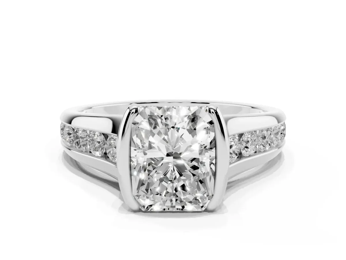 Radiant Cut Solitaire Bezel-Set Diamond Ring with Channel-Set Band Platinum