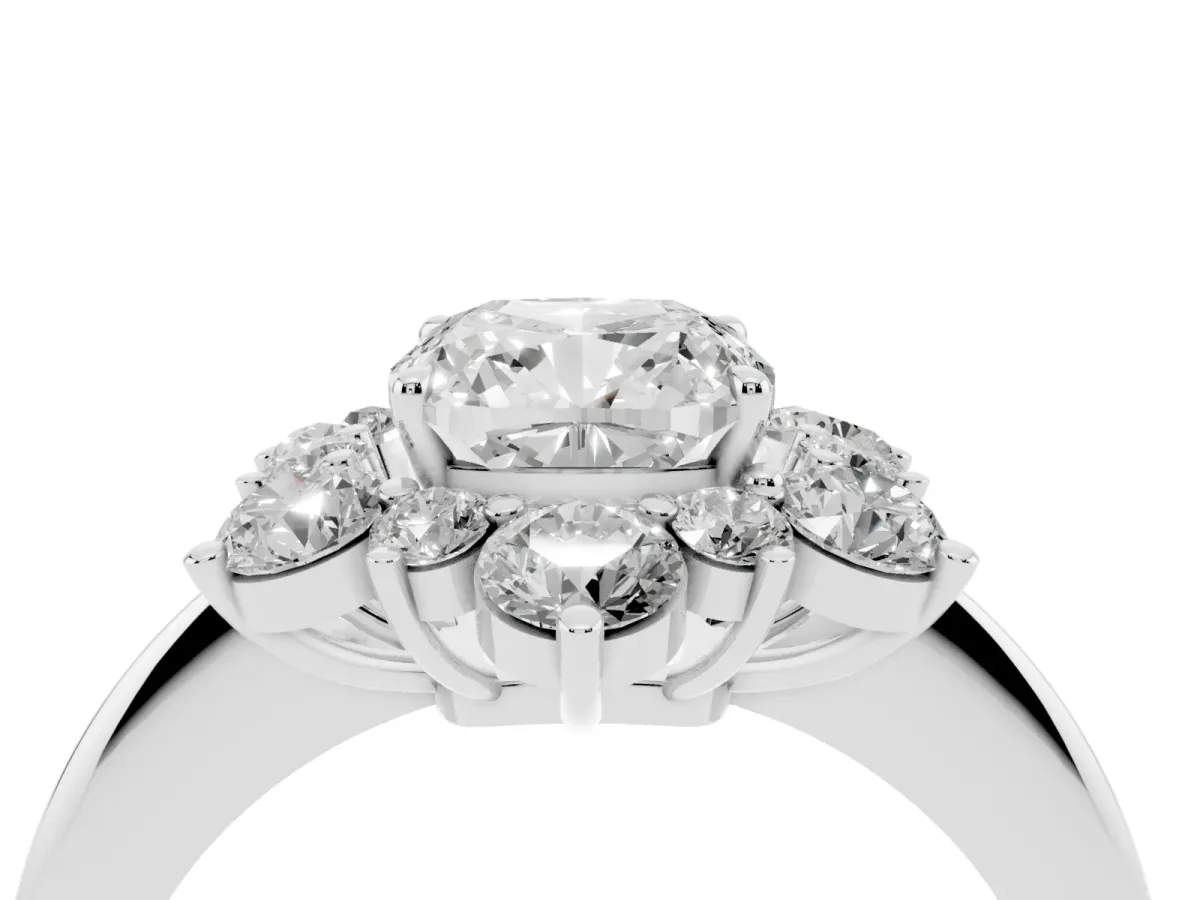 Cushion Cut Diamond Cluster Halo Ring with Solitaire Band and Four-Prong Setting Platinum