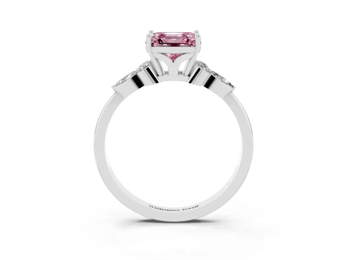 Fancy Pink Asscher Cut Brilliant Diamond Solitaire Ring with Pear Side Stones and Four-Prong Setting Platinum