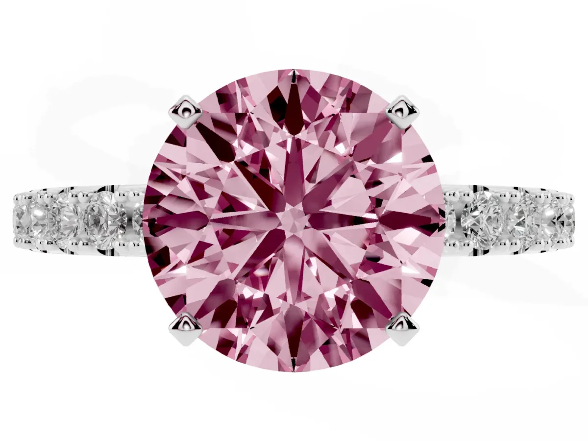 Fancy Pink Round Cut Diamond Solitaire Pavé Band with Four-Prong Setting Platinum