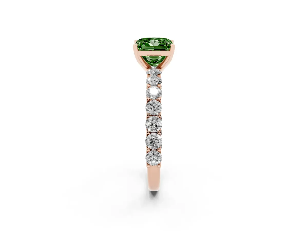 Fancy Green Princess Cut Diamond Solitaire Ring with Shared Prong Pavé Band and Four-Prong Setting Rose gold