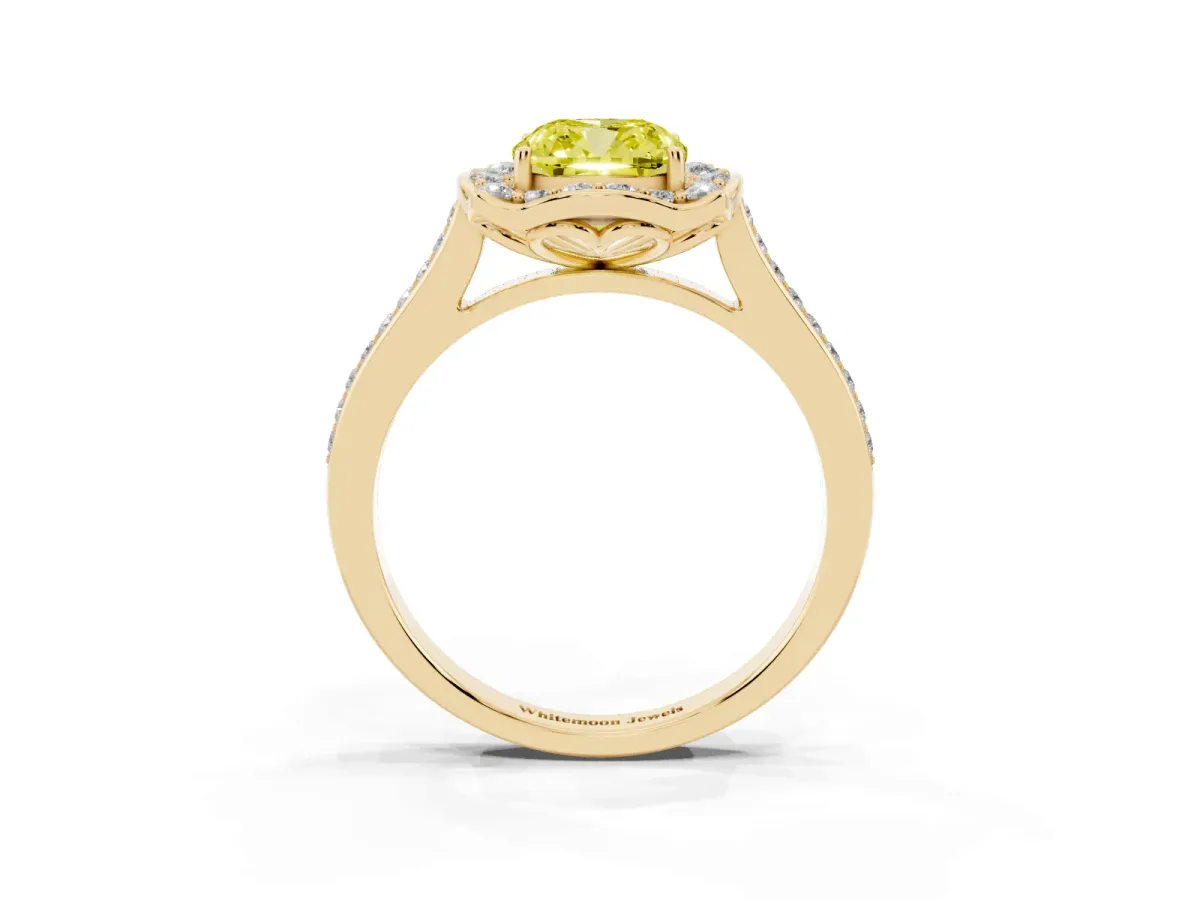 Fancy Yellow Cushion Cut Halo Round Diamond Pave Band with Four-Prong Setting Yellow gold