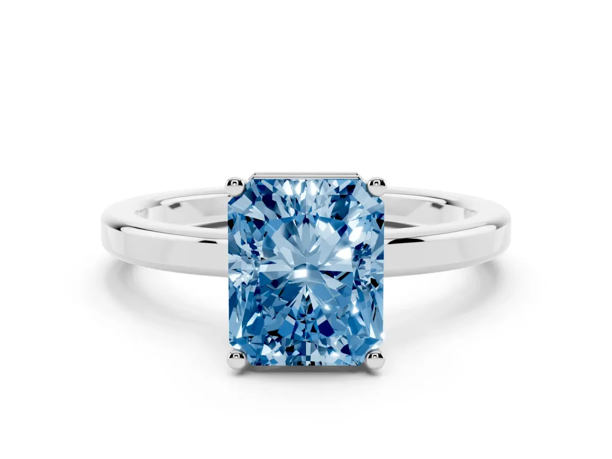 Fancy Blue Radiant Cut Cut Solitaire Engagement Ring with Four-Prong Setting on a Classic Band White gold