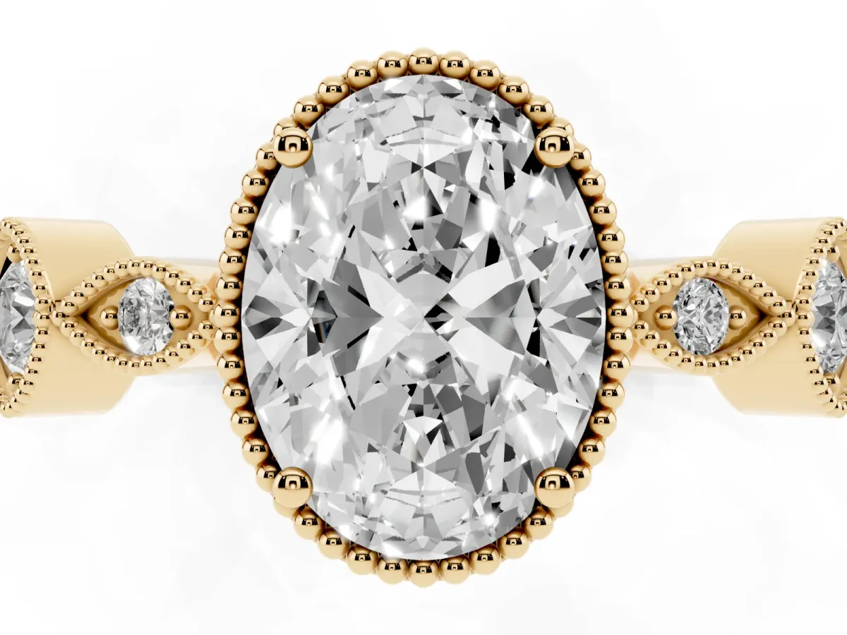 Oval Cut Diamond Vintage Milgrain Ring with Round Stations Yellow gold