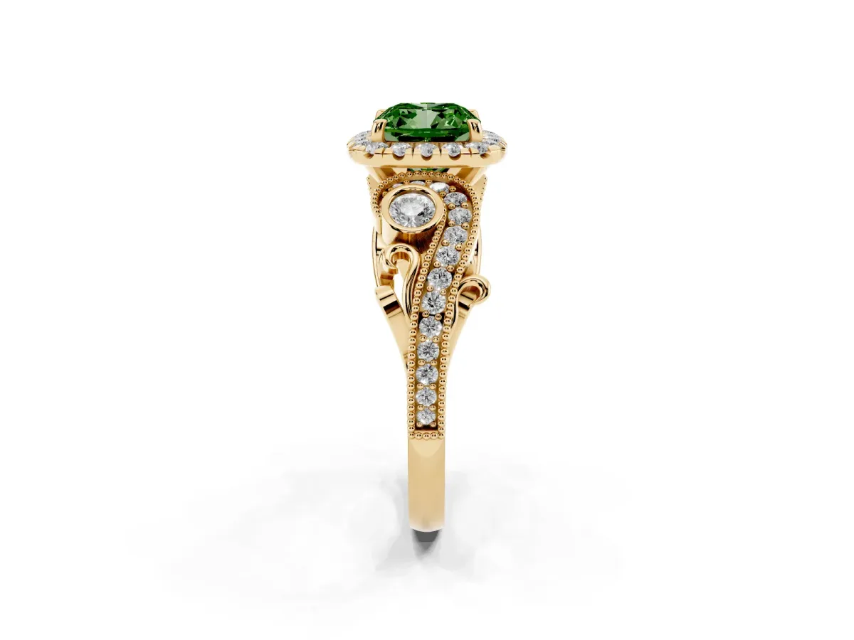 Fancy Green Cushion Cut Diamond Halo Ring with Milgrain Pavé Band and Four-Prong Setting Yellow gold