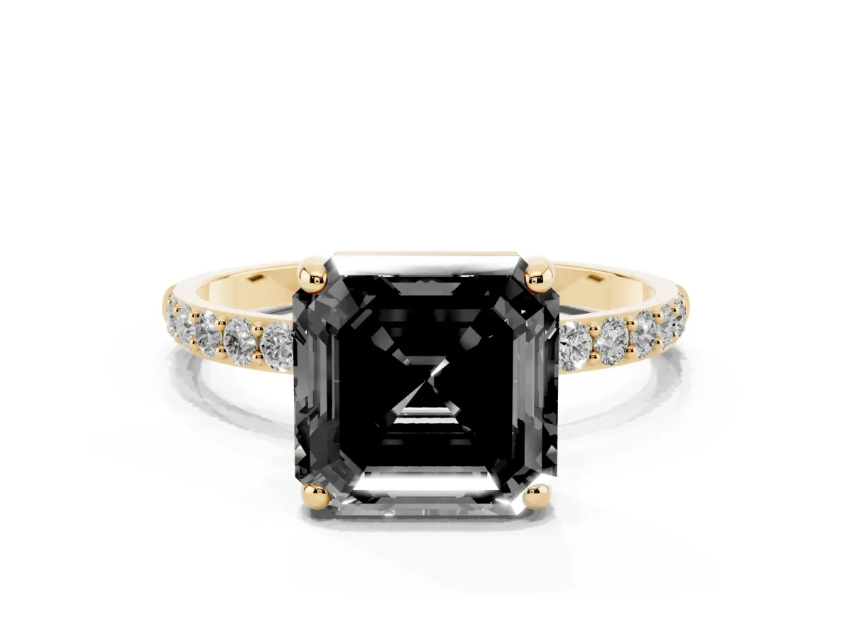 Fancy Black Asscher Cut Diamond Solitaire Ring with Round Pavé Band and Prong Setting Yellow gold