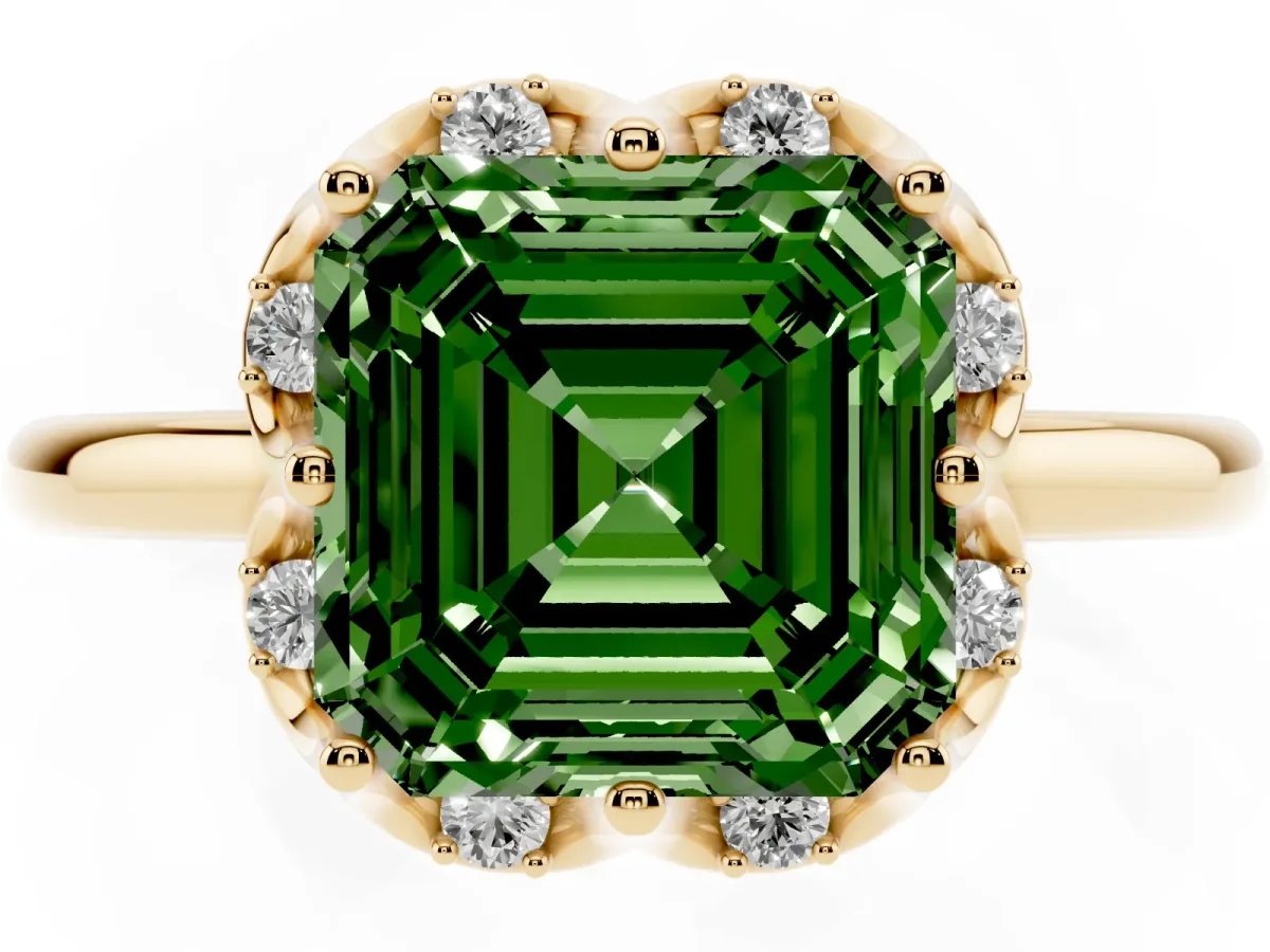 Fancy Green Asscher Cut Halo Diamond Ring with Round Cluster Setting, Solitaire Band, and Four-Prong Setting Yellow gold