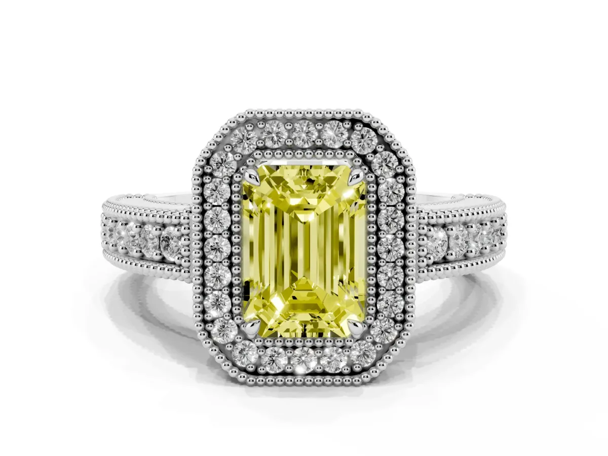 Fancy Yellow Emerald Cut Cut Halo Diamond Ring with Pavé Band and Four-Prong Setting White gold