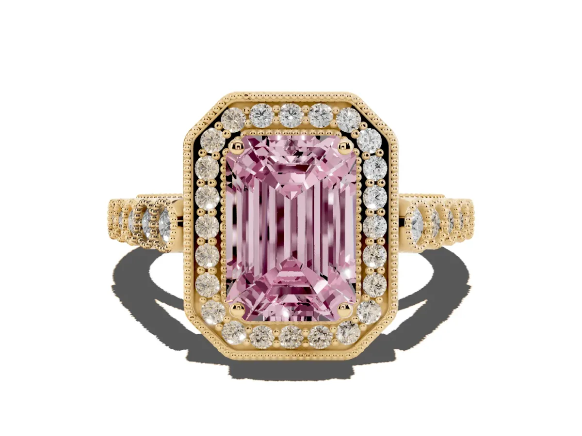 Fancy Pink Emerald Cut Halo Milgrain Solitaire with Bezel Set Side Stones and Pave Band Yellow gold