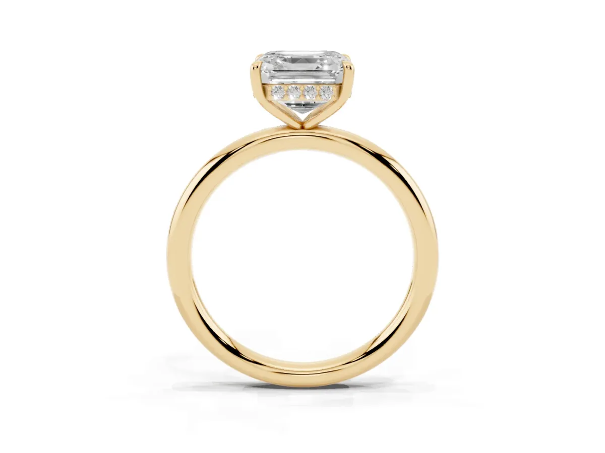 Asscher Cut Diamond Solitaire Ring with Thin Band and Four-Prong Setting Yellow gold