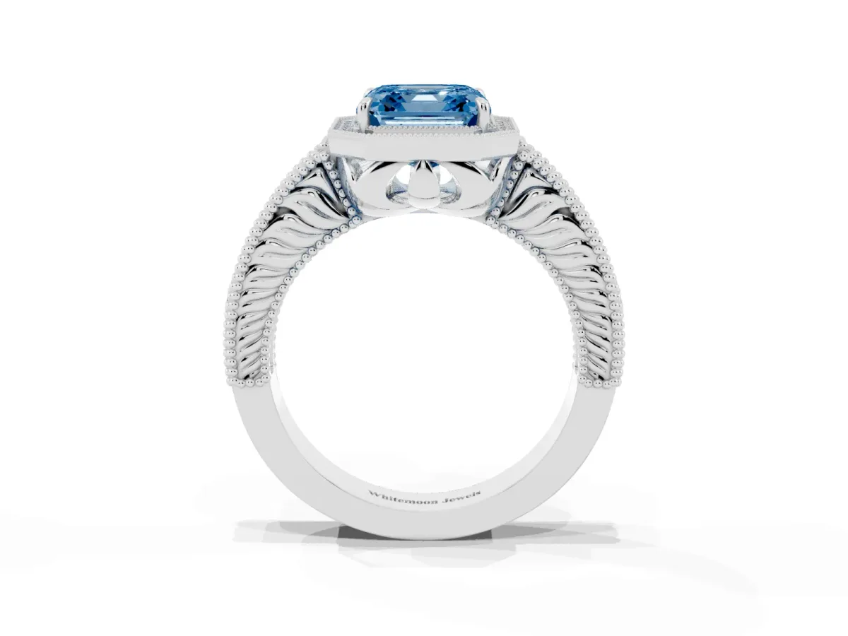 Fancy Blue Asscher Cut Cut Halo Diamond Ring with Pavé Band and Four-Prong Setting Silver