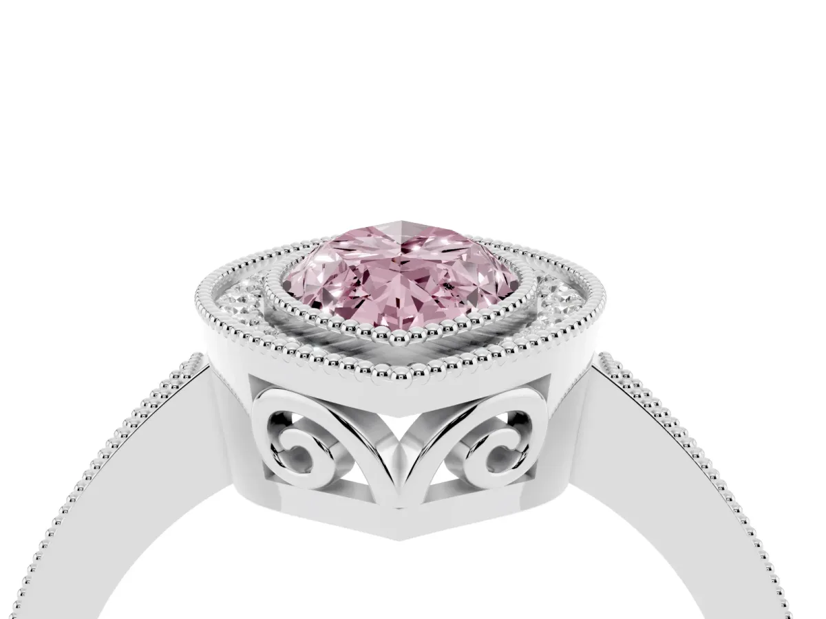 Fancy Pink Marquise Cut Cut Halo Diamond Ring with Pavé Band and Milgrain Prong Setting Silver